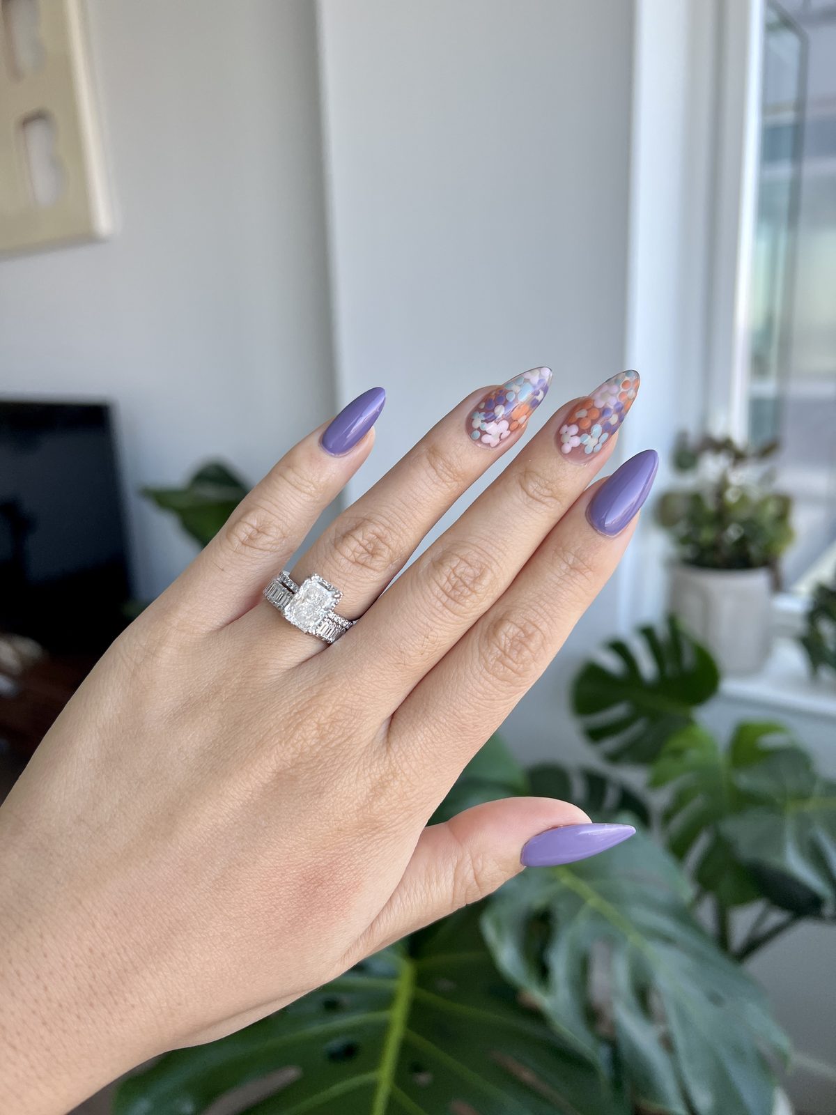 Lavender Nails with a Confetti Flower Accent