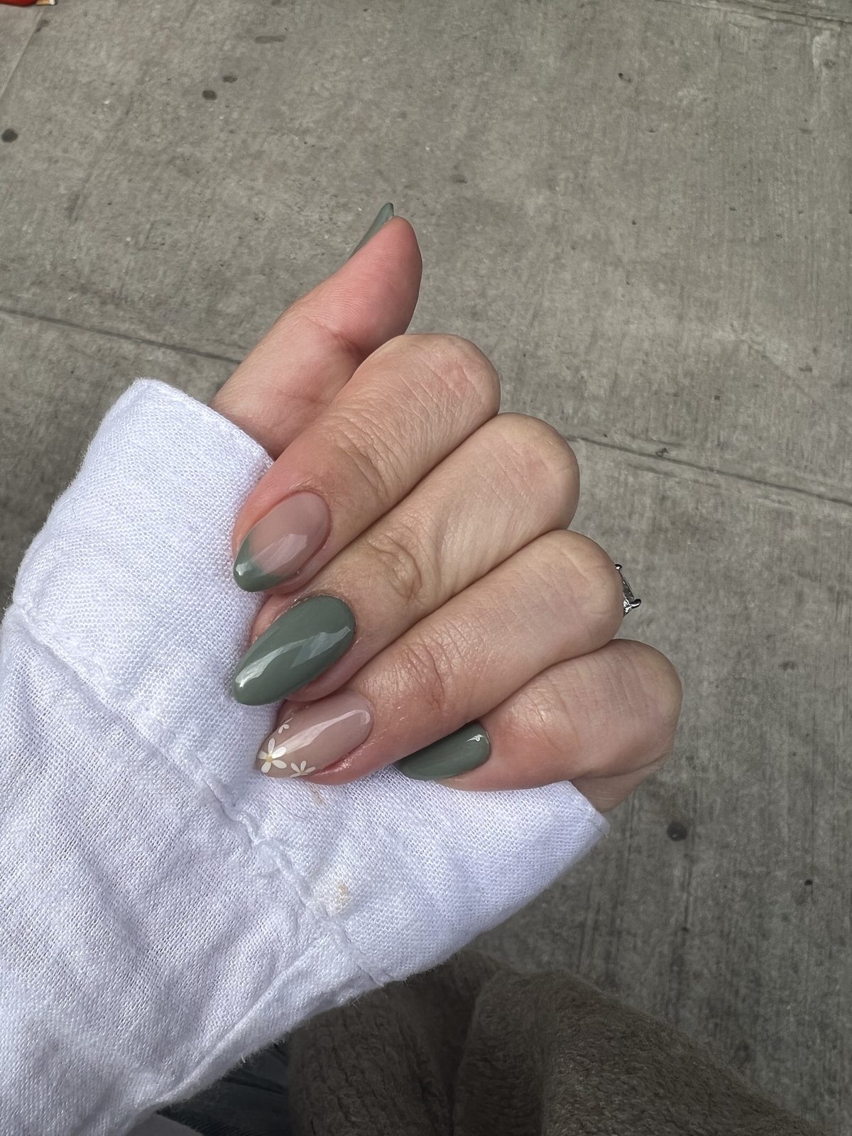Sage Green Nails With a Delicate Floral Accent