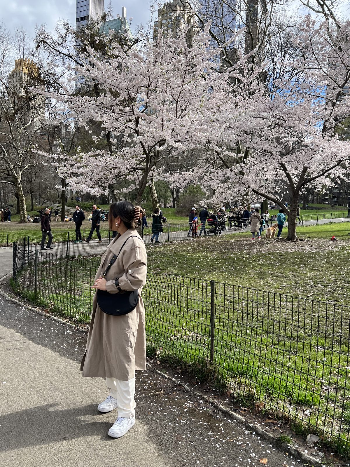 Beige Trench Coat + Cream Trousers for Cherry Blossom Season