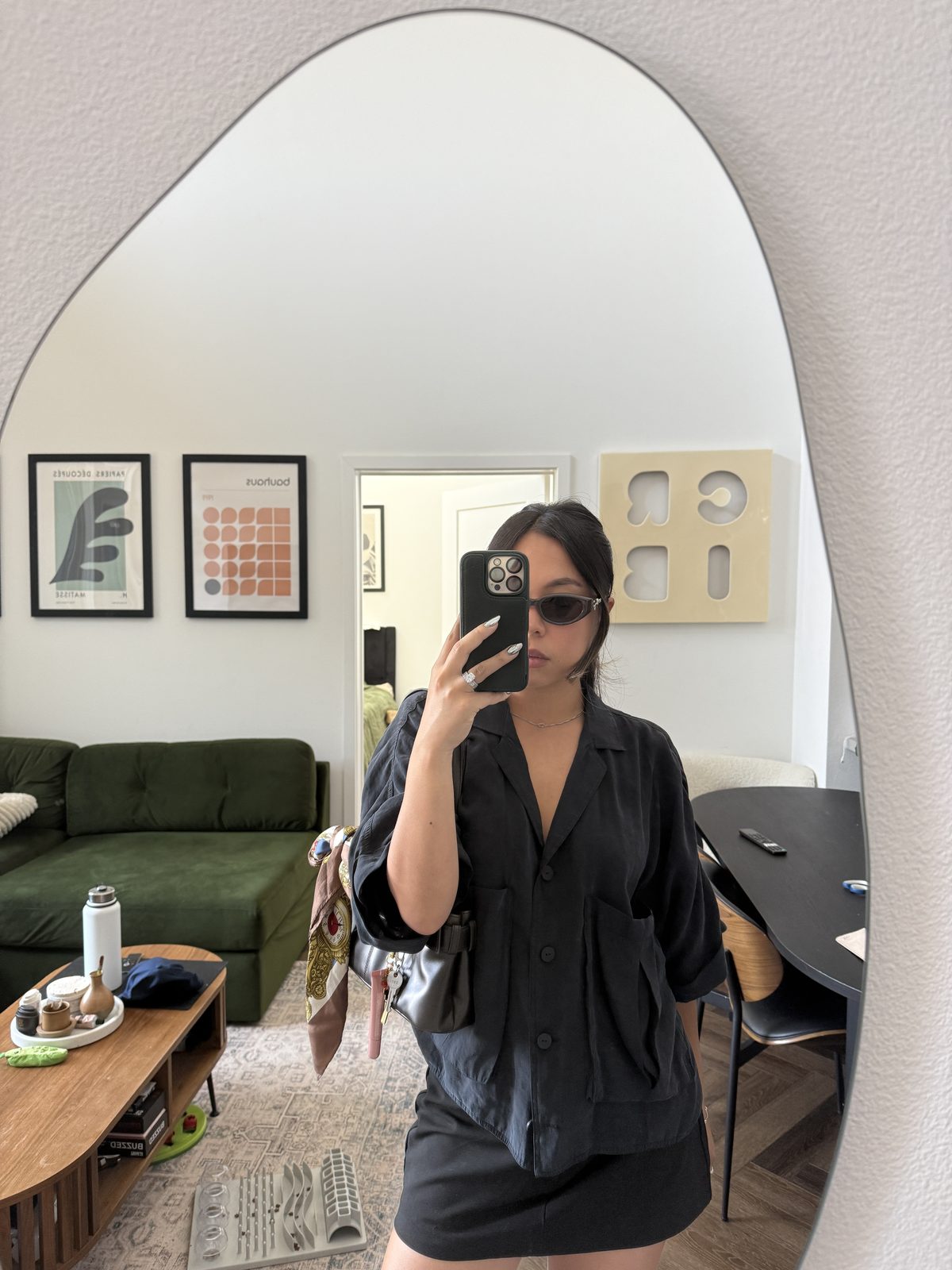 Oversized Black Set Styled With a Scarf-Tied Bag