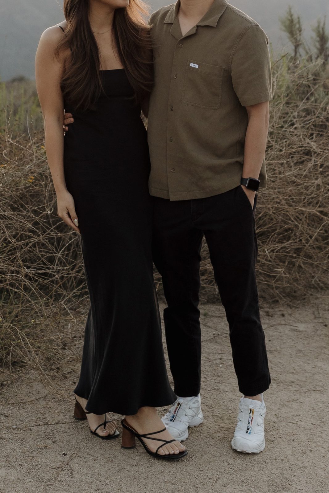 Black Cowl-Back Slip Dress for a Sunset Engagement Shoot