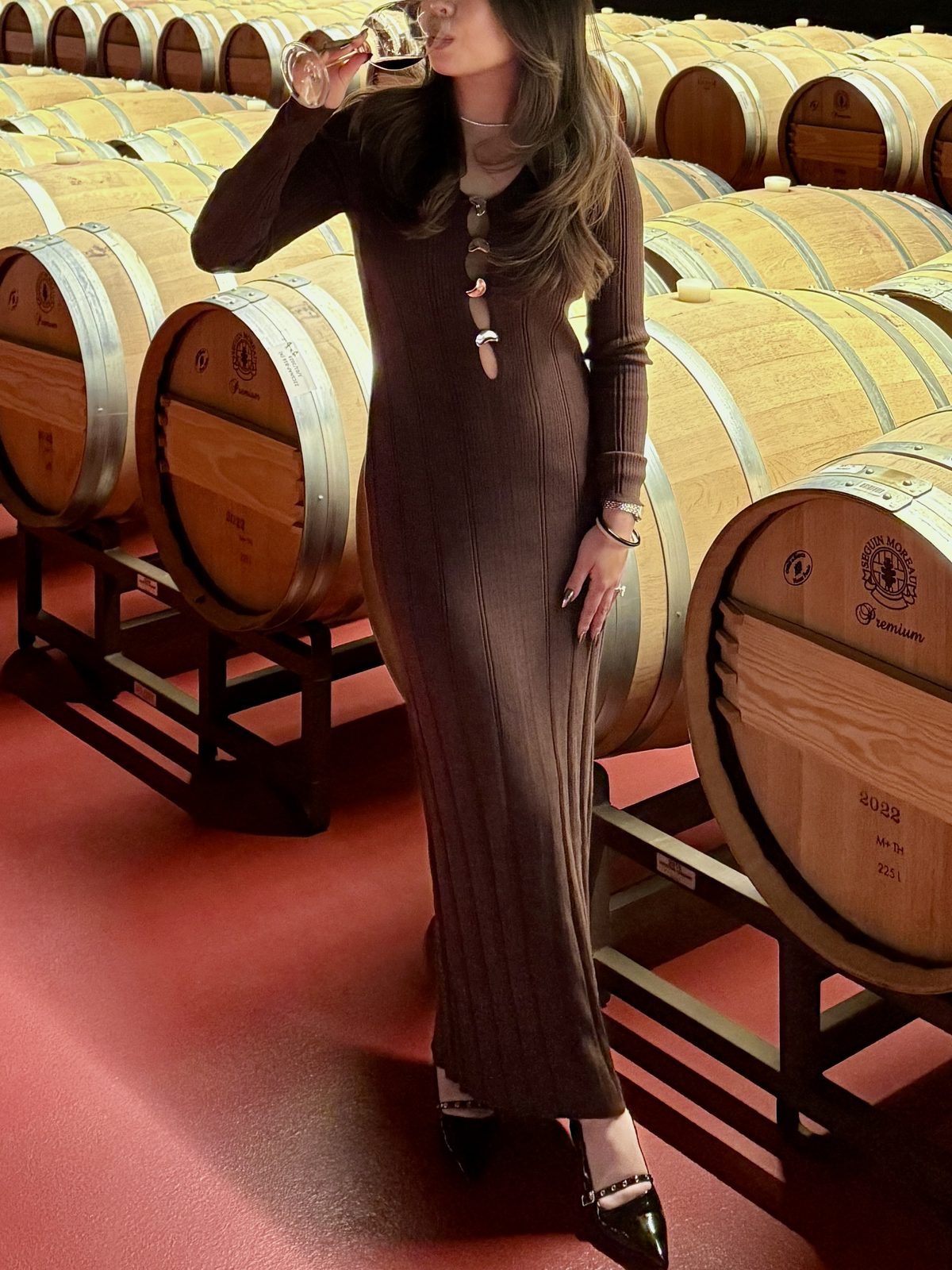 Ribbed Brown Cutout Dress for a Wine Cellar Tasting