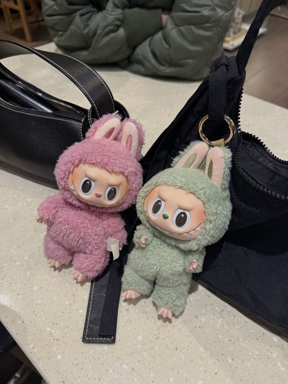 Fuzzy Bunny Bag Charms in Pink and Sage Green