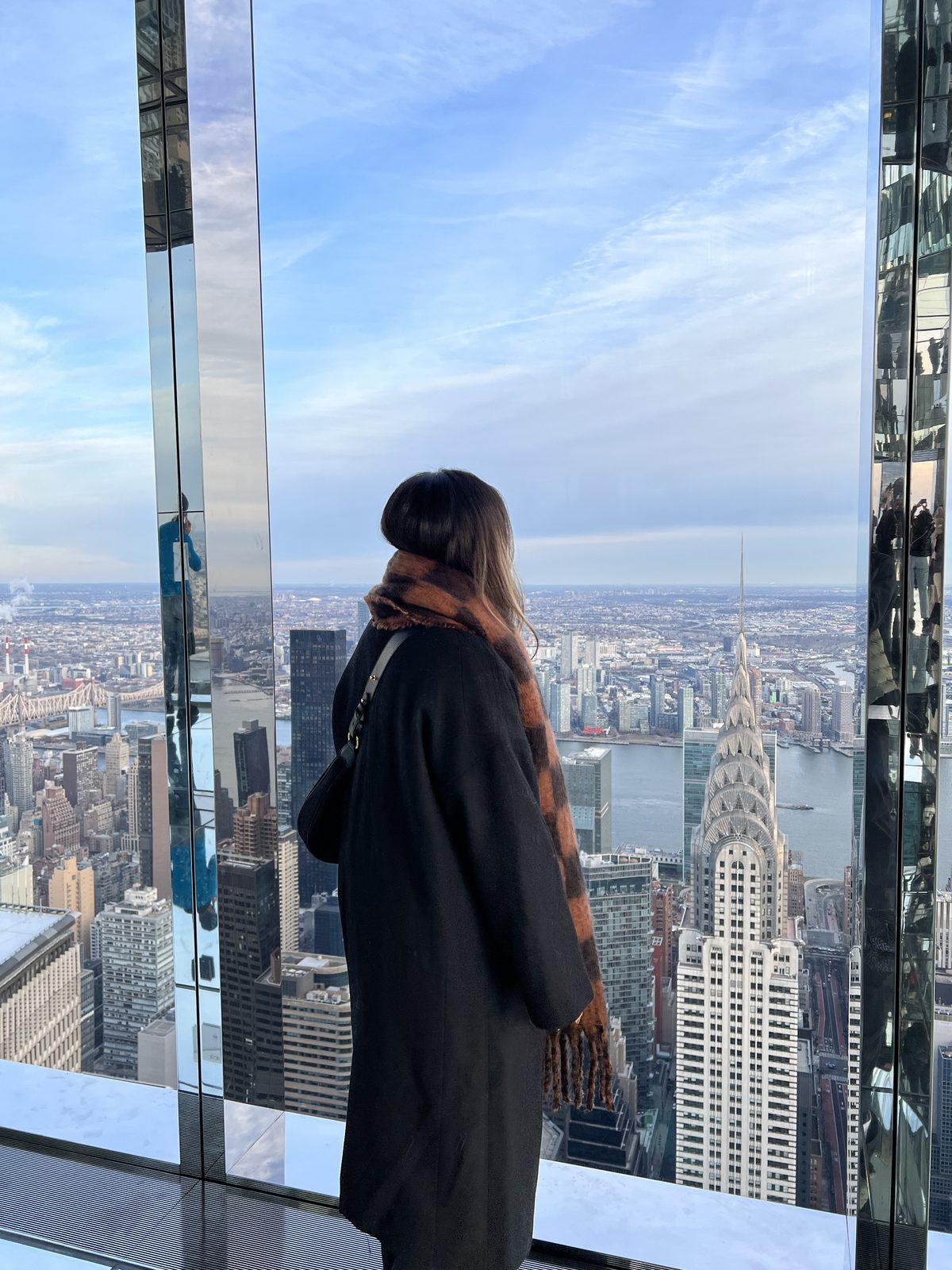 Black Wool Coat + Oversized Checkered Scarf for NYC in Winter