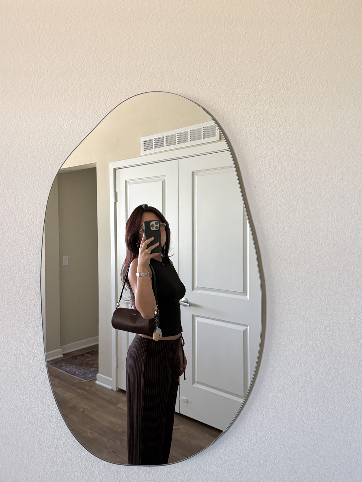 Coach Barrel Bag + Brown Pinstripe Trousers