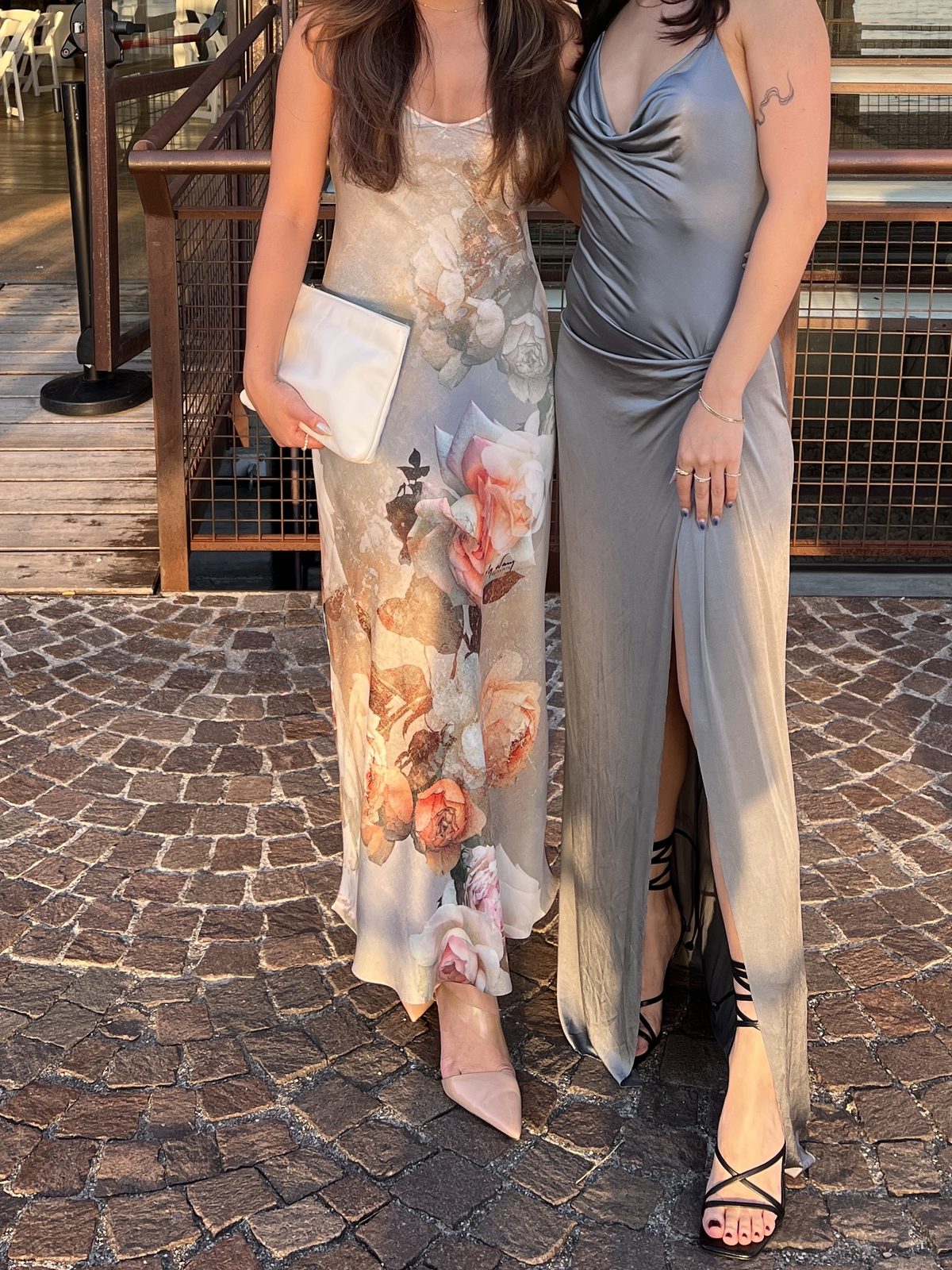 Floral Slip Dress + Gray Cowl Dress for a Golden Hour Wedding