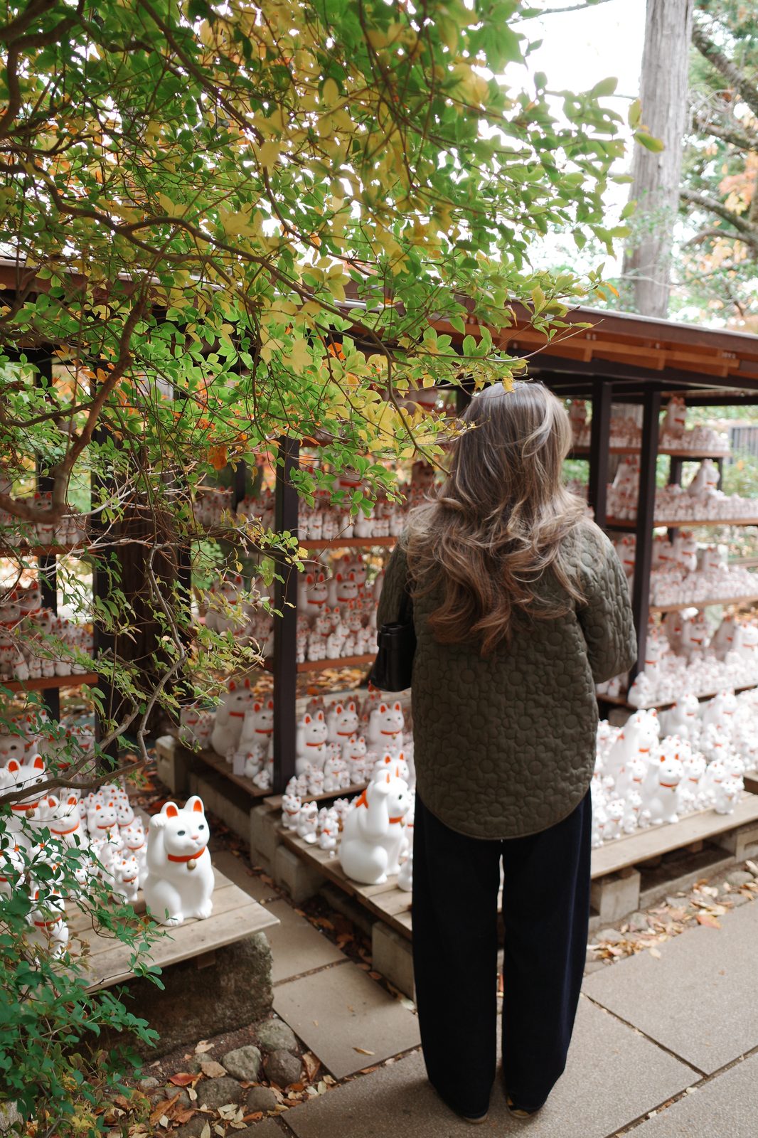 Olive Quilted Jacket + Barrel-Leg Pants at a Japanese Cat Shrine