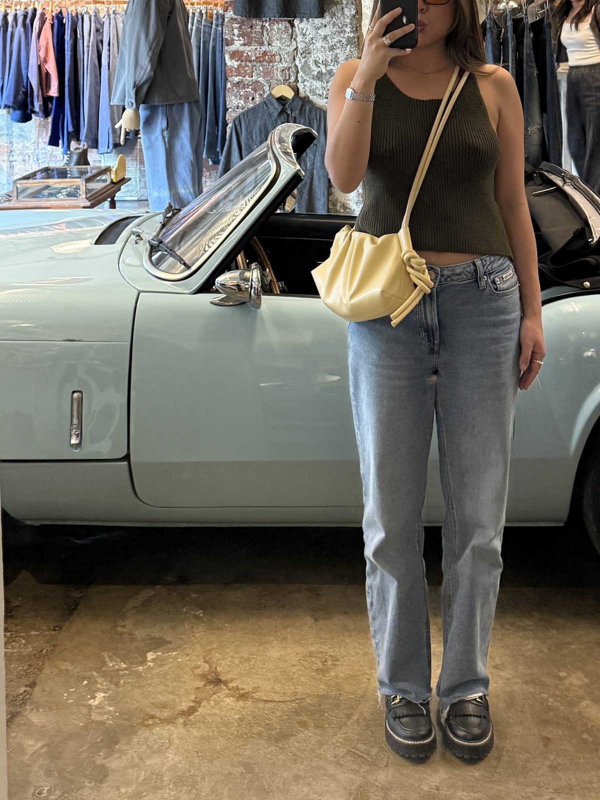 Olive Knit Tank Styled for a Vintage Shopping Day