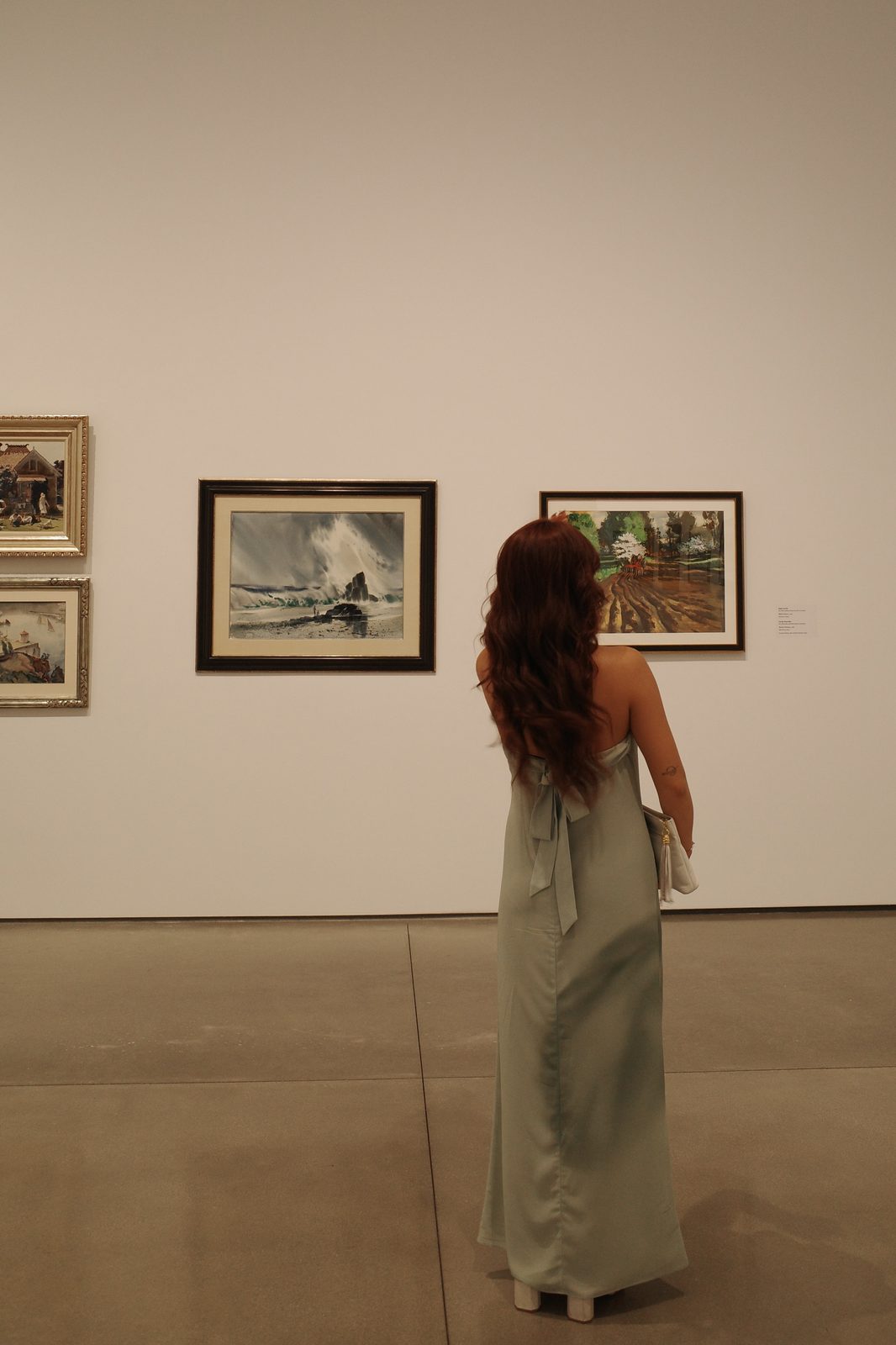 Sage Green Strapless Satin Maxi Dress at the Art Museum