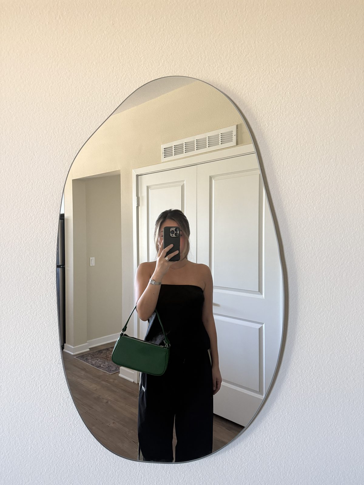 Black Strapless Top with a Pop of Green